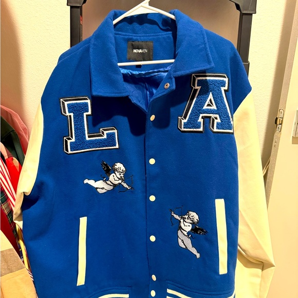 Other - Blue and White Varsity Jacket with Angel Patches